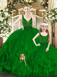 Sleeveless Floor Length Beading and Ruffles Zipper Quinceanera Gown with Green