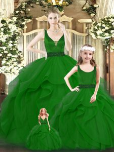 Simple Floor Length Zipper Quinceanera Dress Green for Military Ball and Sweet 16 and Quinceanera with Ruffles