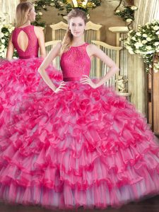 Scoop Sleeveless Organza Quinceanera Gowns Lace and Ruffled Layers Zipper