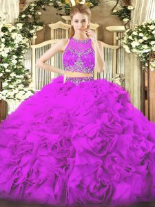 Graceful Lilac Fabric With Rolling Flowers Zipper Scoop Sleeveless Floor Length Sweet 16 Dresses Beading