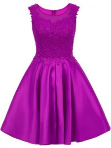 Sleeveless Satin Mini Length Zipper Vestidos de Damas in Eggplant Purple with Lace