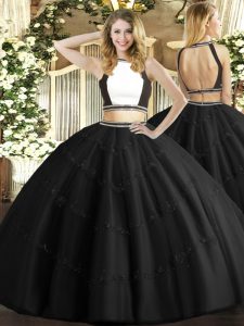 Pretty Black Ball Gowns Tulle Halter Top Sleeveless Beading Floor Length Backless Sweet 16 Quinceanera Dress