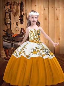 Stylish Floor Length Gold Pageant Dress for Teens Tulle Sleeveless Embroidery