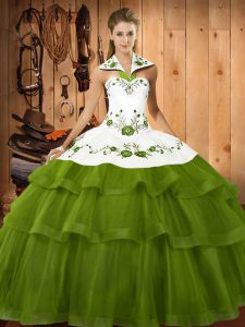 Shining Lace Up 15 Quinceanera Dress Olive Green for Military Ball and Sweet 16 and Quinceanera with Embroidery and Ruffled Layers Sweep Train