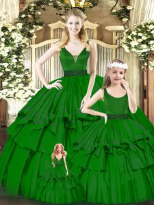 Green V-neck Zipper Beading and Ruffled Layers Ball Gown Prom Dress Sleeveless