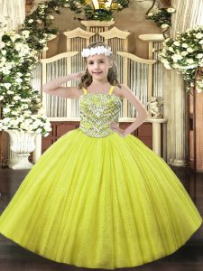 Fashion Yellow Lace Up Evening Gowns Beading Sleeveless Floor Length