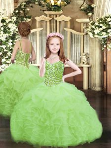 Organza Lace Up Girls Pageant Dresses Sleeveless Floor Length Beading and Ruffles and Pick Ups