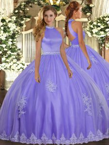 Floor Length Lavender 15th Birthday Dress Tulle Sleeveless Beading and Appliques