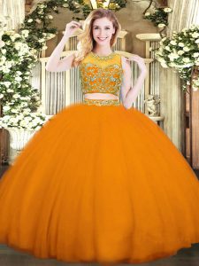 Spectacular Orange Red Sleeveless Tulle Zipper Quinceanera Dresses for Military Ball and Sweet 16 and Quinceanera