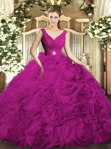 Amazing Ball Gowns Vestidos de Quinceanera Fuchsia V-neck Fabric With Rolling Flowers Sleeveless Floor Length Backless