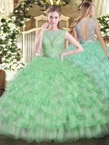 Sleeveless Floor Length Beading and Ruffled Layers Backless Sweet 16 Quinceanera Dress with Apple Green