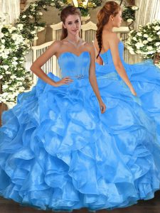 Artistic Floor Length Baby Blue 15th Birthday Dress Organza Sleeveless Beading and Ruffles