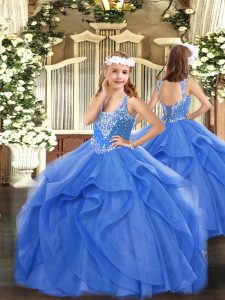 Sleeveless Floor Length Beading and Ruffles Lace Up Little Girls Pageant Gowns with Blue