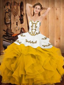 Stylish Floor Length Ball Gowns Sleeveless Yellow And White 15th Birthday Dress Lace Up