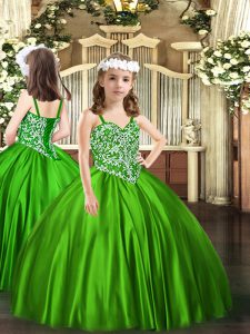 Sleeveless Satin Floor Length Lace Up Pageant Dress for Teens in Green with Beading