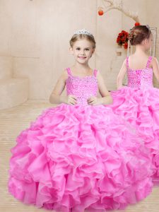 Rose Pink Sleeveless Beading and Ruffles Floor Length Pageant Dress Wholesale