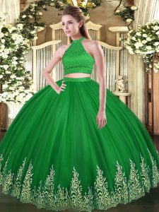 Luxury Green Halter Top Backless Beading and Appliques Quince Ball Gowns Sleeveless