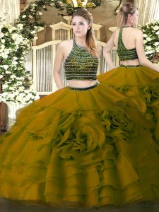 Olive Green Tulle Zipper Halter Top Sleeveless Floor Length Sweet 16 Dresses Beading and Ruffled Layers