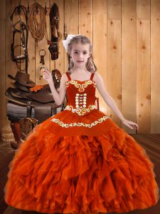 Sleeveless Organza Floor Length Lace Up Kids Formal Wear in Orange Red with Embroidery and Ruffles