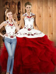 Wonderful Wine Red Satin and Organza Lace Up Halter Top Sleeveless Floor Length Quinceanera Gown Embroidery and Ruffles