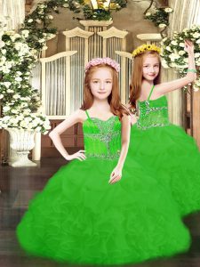 Green Spaghetti Straps Lace Up Beading and Ruffles and Pick Ups Kids Formal Wear Sleeveless