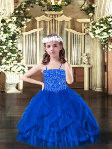 Luxurious Spaghetti Straps Sleeveless Little Girl Pageant Gowns Floor Length Beading and Ruffles Blue Tulle