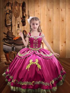 Customized Floor Length Hot Pink Little Girls Pageant Gowns Off The Shoulder Sleeveless Lace Up