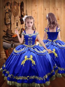 Royal Blue Off The Shoulder Neckline Beading and Embroidery Kids Formal Wear Sleeveless Lace Up