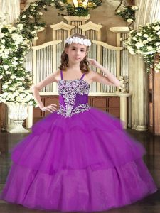 Affordable Straps Sleeveless Organza Pageant Gowns For Girls Appliques and Ruffled Layers Lace Up