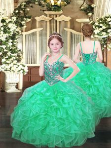 Spaghetti Straps Sleeveless Kids Pageant Dress Floor Length Beading and Ruffles Turquoise Organza