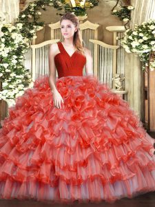 Coral Red V-neck Neckline Ruffled Layers Vestidos de Quinceanera Sleeveless Zipper