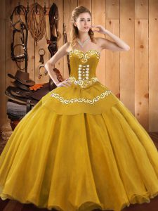 Hot Selling Sleeveless Satin and Tulle Floor Length Lace Up Quinceanera Gown in Gold with Embroidery