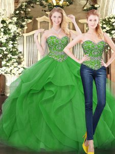 Luxury Green Sweetheart Neckline Beading and Ruffles Quinceanera Gowns Sleeveless Lace Up