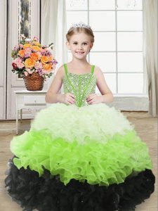 Luxurious Multi-color Ball Gowns Organza One Shoulder Sleeveless Beading and Ruffles Floor Length Zipper Little Girl Pageant Dress