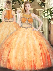 Hot Sale Floor Length Orange Red Quinceanera Dresses Scoop Sleeveless Zipper