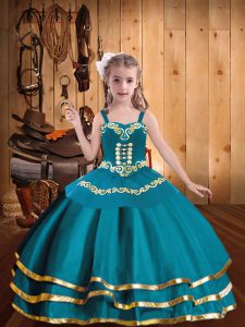 Inexpensive Teal Pageant Dress for Teens Sweet 16 and Quinceanera with Embroidery and Ruffled Layers Straps Sleeveless Lace Up