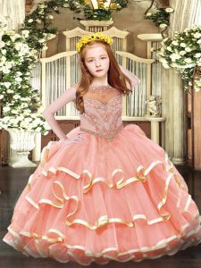 Beading and Ruffled Layers Kids Formal Wear Watermelon Red Zipper Sleeveless Floor Length