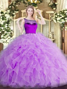 Organza Scoop Sleeveless Zipper Beading and Ruffles and Hand Made Flower Ball Gown Prom Dress in Lavender
