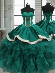 Ideal Turquoise Lace Up Sweetheart Beading and Ruffles 15th Birthday Dress Organza Sleeveless