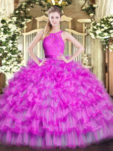 Custom Design Sleeveless Organza Floor Length Zipper Ball Gown Prom Dress in Fuchsia with Ruffled Layers