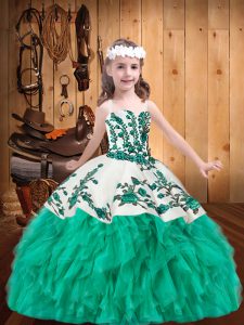 Turquoise Straps Neckline Embroidery and Ruffles Pageant Dress Toddler Sleeveless Lace Up