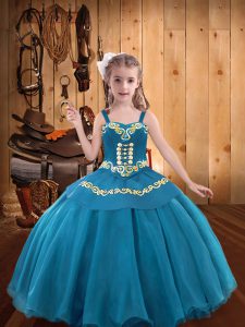 Dazzling Straps Sleeveless Kids Pageant Dress Floor Length Embroidery and Ruffles Teal Organza