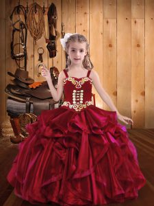 Hot Sale Floor Length Lace Up Little Girls Pageant Gowns Red for Sweet 16 and Quinceanera with Embroidery and Ruffles