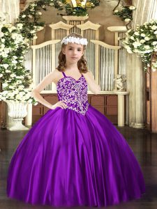 Purple Lace Up Straps Beading Pageant Gowns For Girls Satin Sleeveless