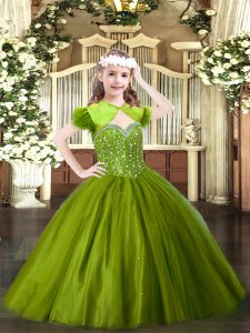 Modern Olive Green Tulle Lace Up Little Girls Pageant Gowns Sleeveless Floor Length Beading