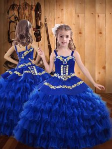 On Sale Floor Length Ball Gowns Sleeveless Royal Blue Kids Pageant Dress Lace Up