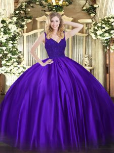 Amazing Floor Length Purple 15th Birthday Dress V-neck Sleeveless Backless