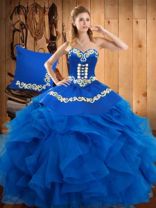 Hot Sale Blue Lace Up Quinceanera Dresses Embroidery and Ruffles Sleeveless Floor Length