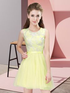 Gorgeous Scoop Sleeveless Quinceanera Court Dresses Mini Length Lace Yellow Tulle