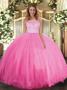 Free and Easy Sleeveless Tulle Floor Length Clasp Handle Quinceanera Gowns in Rose Pink with Lace